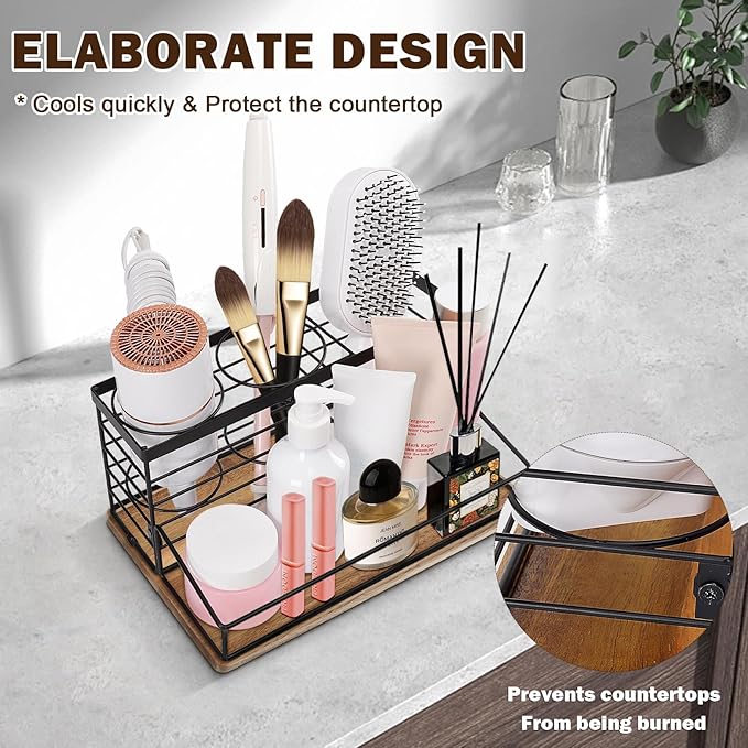 Siyzda Hair Tool Organizer, Movable Hair Dryer Holder, Hair Styling Tools Storage for Vanity, Bath Counter Organizer, Bathroom Trays for Hair Toiletry, Makeup (12" x 7.7" x 5.8", Wood-Black)