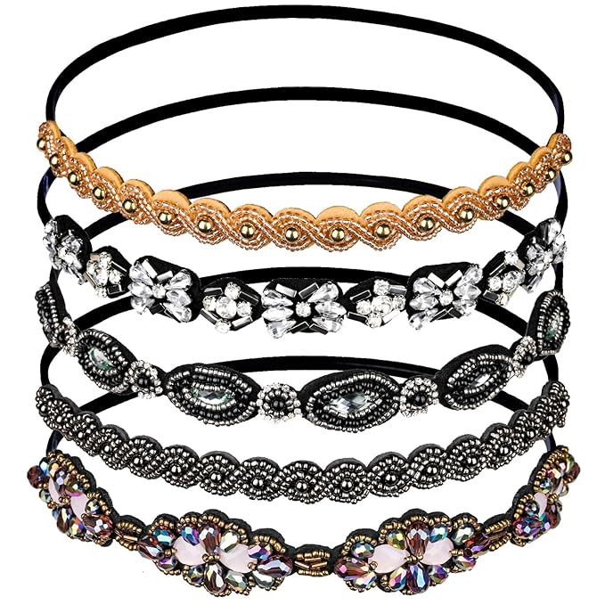 Teenitor 5 Pcs Elastic Beaded Headbands, Jewels Hairband Hat Bands, Crystal Rhinestone Headbands for Women