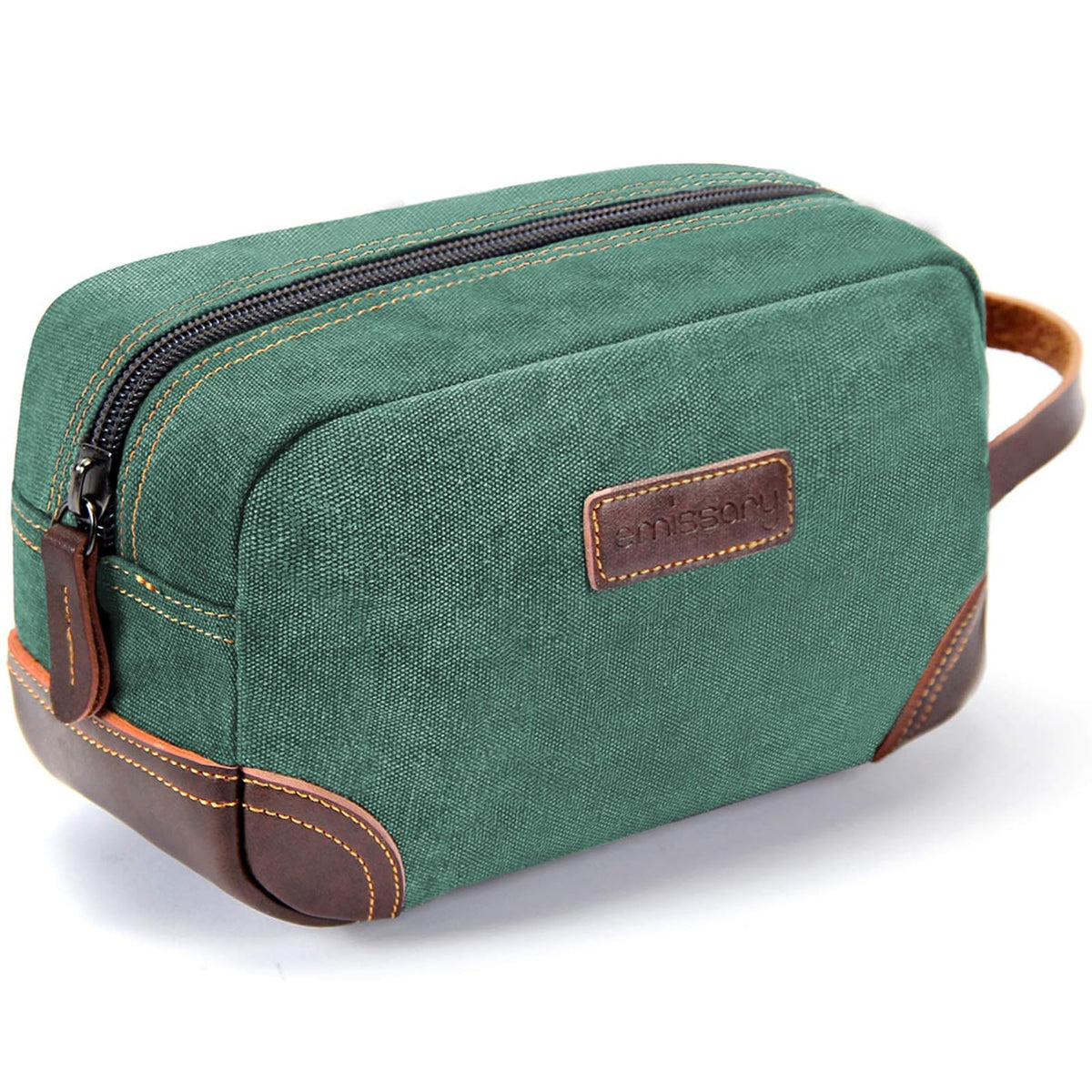 emissary Men's Canvas Travel Toiletry Bag, Leather Dopp Kit - Green