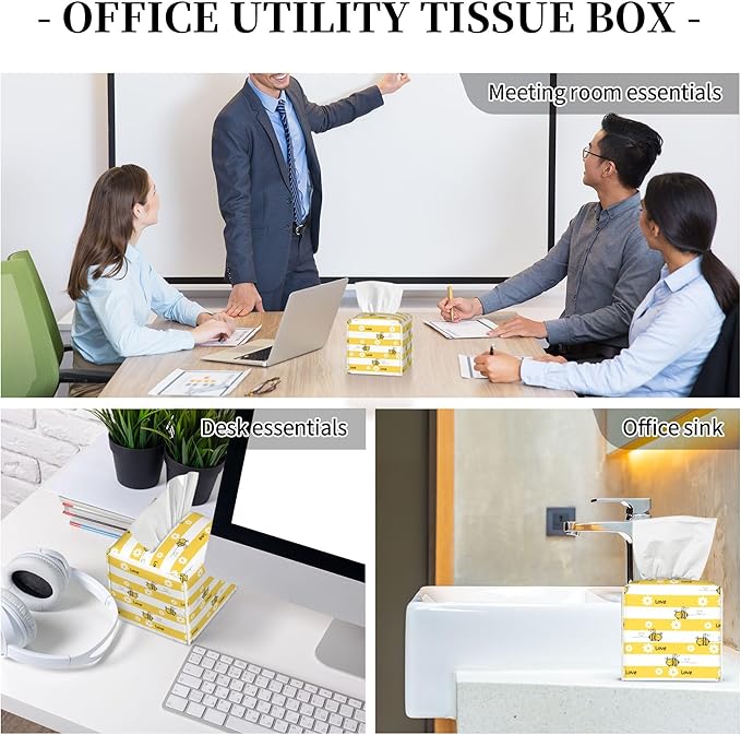 Cute Bees and Daisy Flowers Tissue Box Cover Square,Yellow Bee Daisies Love Tissue Box Holder Waterproof Leather Facial Paper Organizer Dispenser for Bathroom Home Car Nightstand Vanity Desk