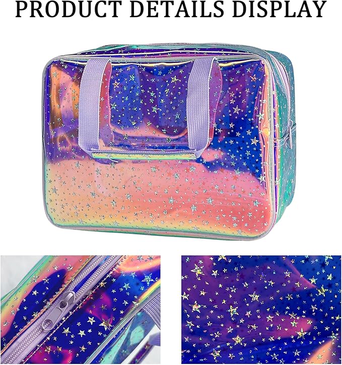 TotePrint Holographic Purple Star Large Cosmetic Bag and Travel Pouch with Handle,Durable Material,Zipper Design-Ideal for Makeup,Travel Essentials (Purple Handle)