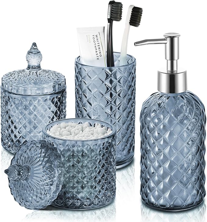 RYTOXILO Green Bathroom Accessories Set, 4 Pack Olive Green Bathroom Decor Accessory Sets Complete, Diamond Glass Soap Dispenser and Toothbrush Holder Set for Bath Counter Organizer Essentials