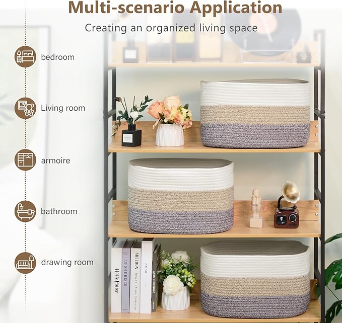 Cotton Rope Storage Basket, 15x10x9 Inches, Woven Basket for Shelves, Clothes, Towels, Books, and Laundry, White Brown (3 Pack)