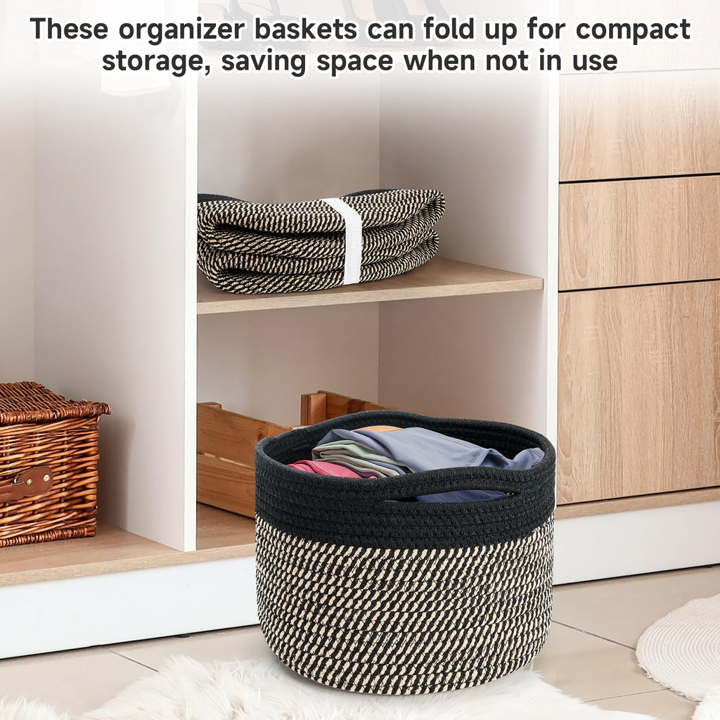 Maxuni 3 Pack Small Rope Storage Baskets, 9.82×9.82×7.1", Brown+Black