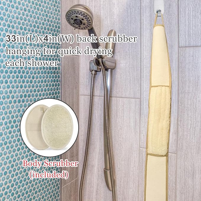 METLUCK Back Scrubber - Exfoliating Natural Loofah Back Scrubber for Shower for Men and Women, Real Luffa Shower Sponge Back Scrubber with Loofah Pad and Adhesive Hook (31.5'' Length 4'' Width)
