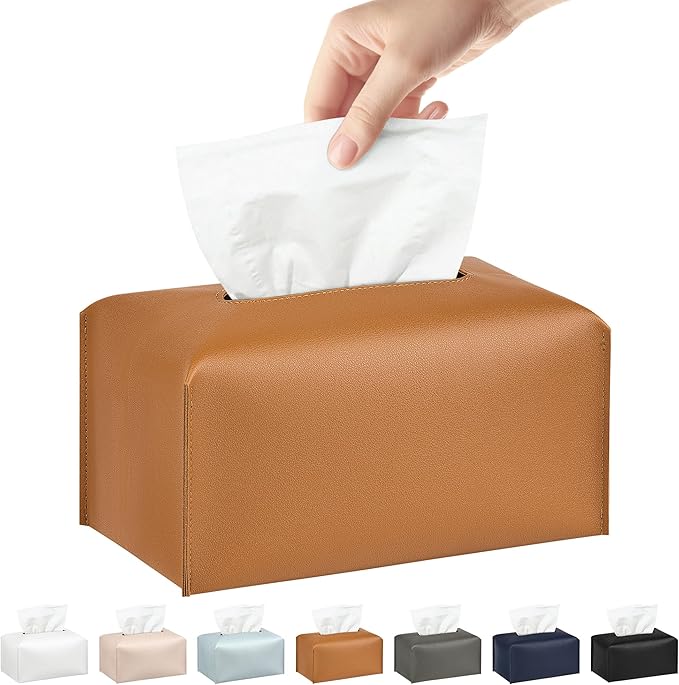 Long Tissue Box Cover, PU Leather Tissue Holder Rectangle, Facial Paper Organizer, Modern Dispenser for Bathroom, Kitchen, Home, Office, Tabletop (1, Brown, Short)