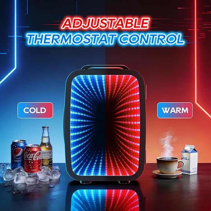 BEICHEN Mini Fridge, 4L/6 Can Small fridge with Dimmable Gaming Light for Bedroom,Office,Gaming room and Car,AC/DC Portable Thermoelectric Cooler & Warmer for Food, Drinks, Skincare,Black