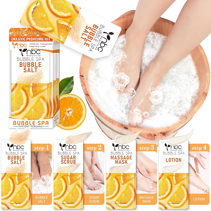 nbc BeautiLab Pedicure Kit Foot Soak Set: Bubble Salt, Sugar Scrub, Massage Mask, Massage Lotion in a Box, 4 Step Foot Spa Kit for Dry Feet, Softens Calluses and Tired Feet（1 Set Orange)