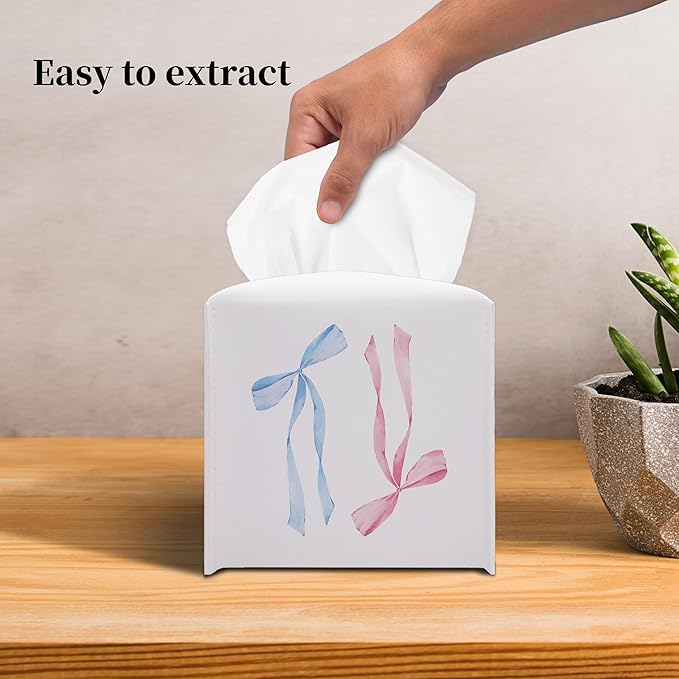 Grace Yonks Cute Tissue Box Cover Square - Blue and Pink Ribbon Bow Design 5.2" PU Leather Holder for Vanity, Desk, or Bathroom Counter - Cube Case for Facial Tissues(008)