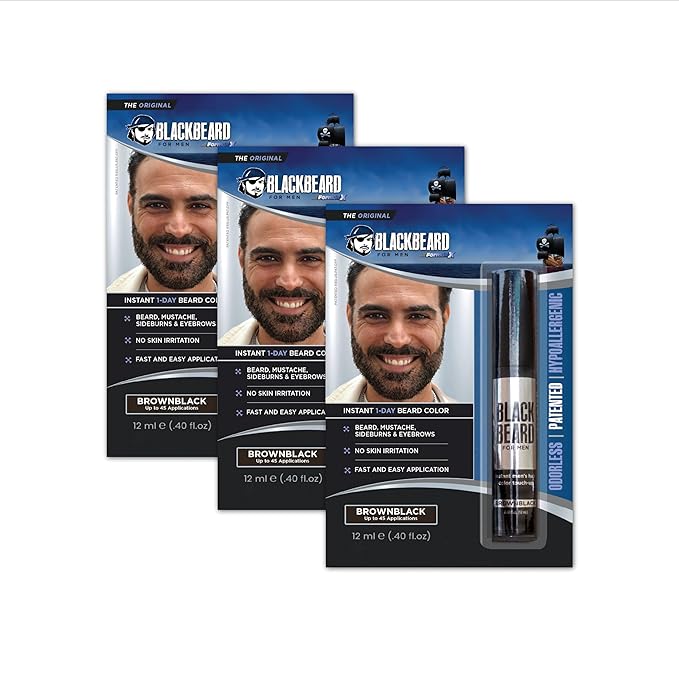Blackbeard for Men Beard Color – 1-Day Beard, Mustache, Eyebrow, Sideburns Color – Temporary Facial Hair Tint - Hypoallergenic Beard Dye Alternative – Up to 45 applications – Brown/Black, 3 Pack