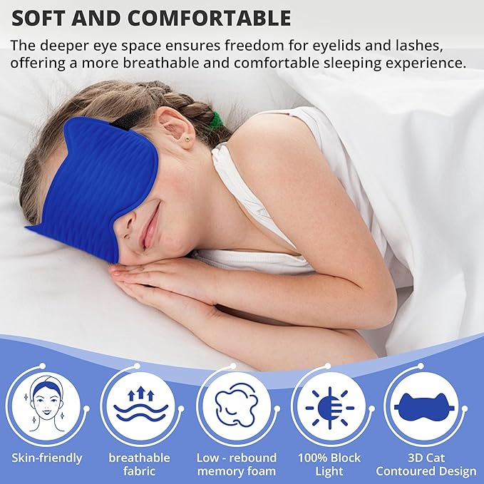 Kids Sleep Mask for Sleeping – Soft 3D Contoured Eye Mask for Kids, Comfortable No-Pressure Eye Cover with Memory Foam for Travel, Naps & Airplane, Boys & Girls (Royal Blue)