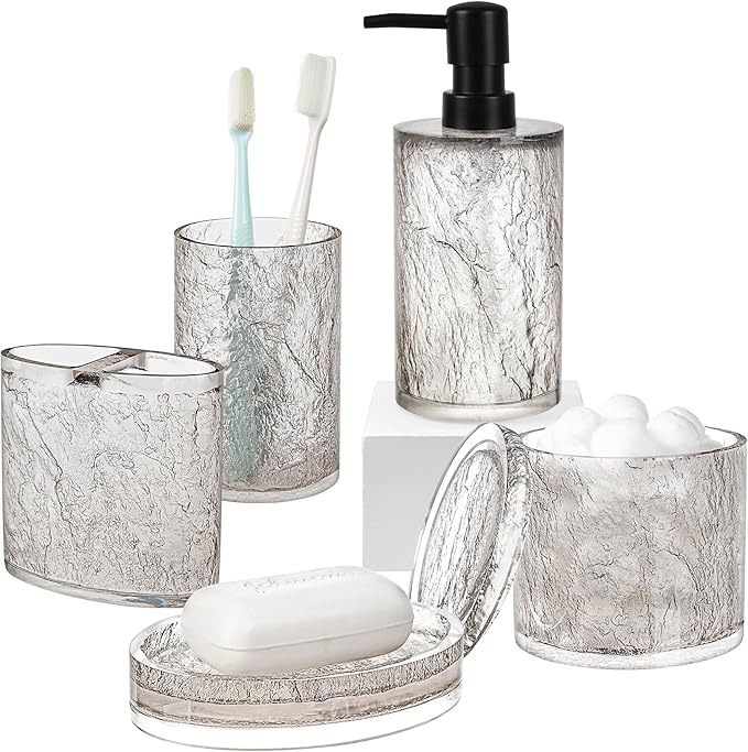 RQYIXI 5 PCS Resin Bathroom Accessories Set, Silver-Grey, Minimalist Luxury