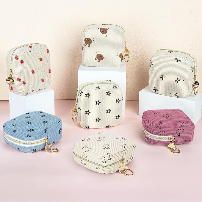 Period Bag for Teen Girls, Corduroy Cute Cats Sanitary Napkin Storage Bag, Menstrual Pad Pouches Tampon Holder for Purse (Beige-Cats)