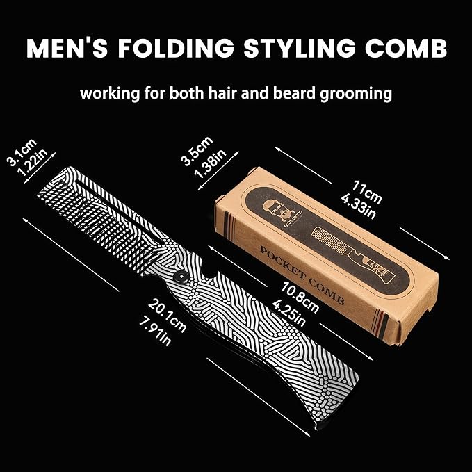 Metal Beard Comb for Men, Folding, 201Steel, Laser Engraved Handle, 0.17lb