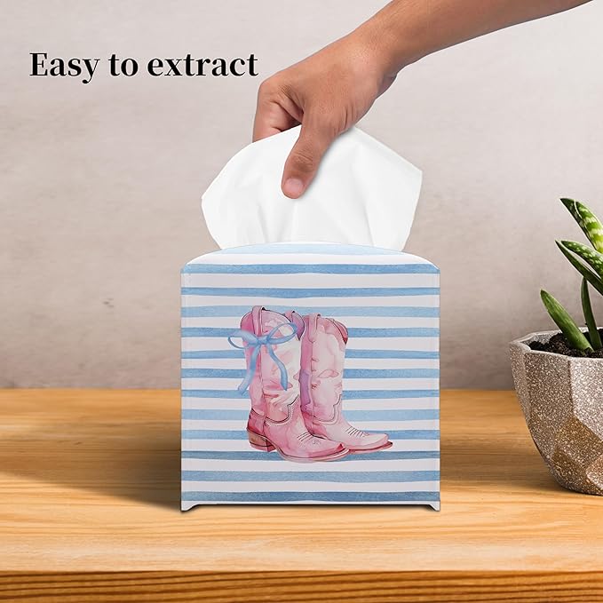 Grace Yonks Cute Tissue Box Cover Square - Pink Cowgirl Boots & Blue Bow Design 5.2" PU Leather Holder for Vanity, Desk, or Bathroom Counter - Cube Case for Facial Tissues(006)