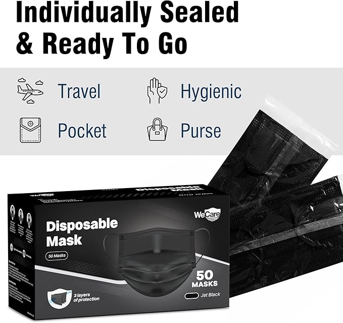 WECARE 50 Box, Individually-Wrapped Masks - Jet Black
