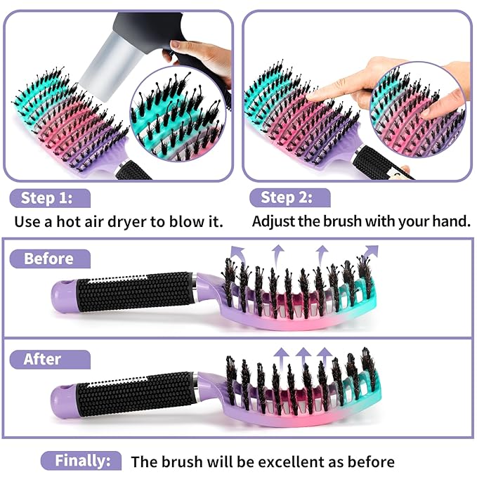 Boar Bristle Hair Brush Set of 2, HIPPIH Wet & Dry Hair Brushes Made by Fine Natural Boar Hair Can Adds Shine and Smoothing, Detangling Hairbrush for Women, Men & Kids' Long Curly Thick Hair