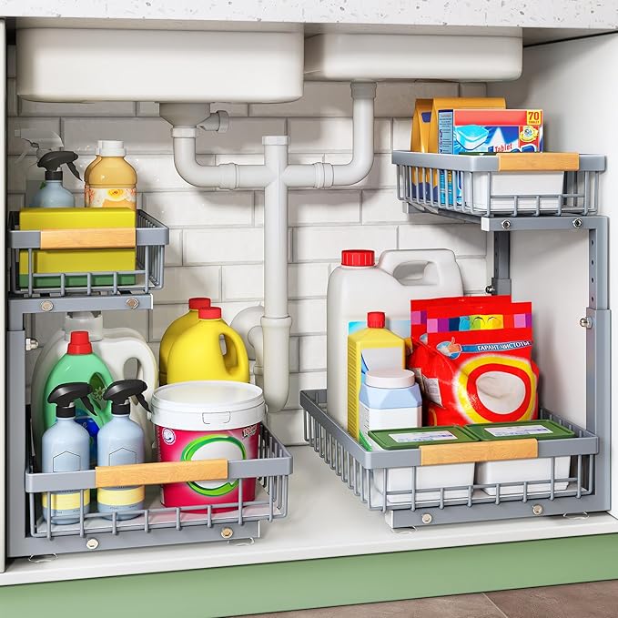 Kitstorack Under Sink Organizer, 2 Tier Under the Sink Storage, Slide out Pull out Cabinet Organizer Shelf, Metal Sliding Drawer for Kitchen Bathroom Pantry Closet Organization Rack