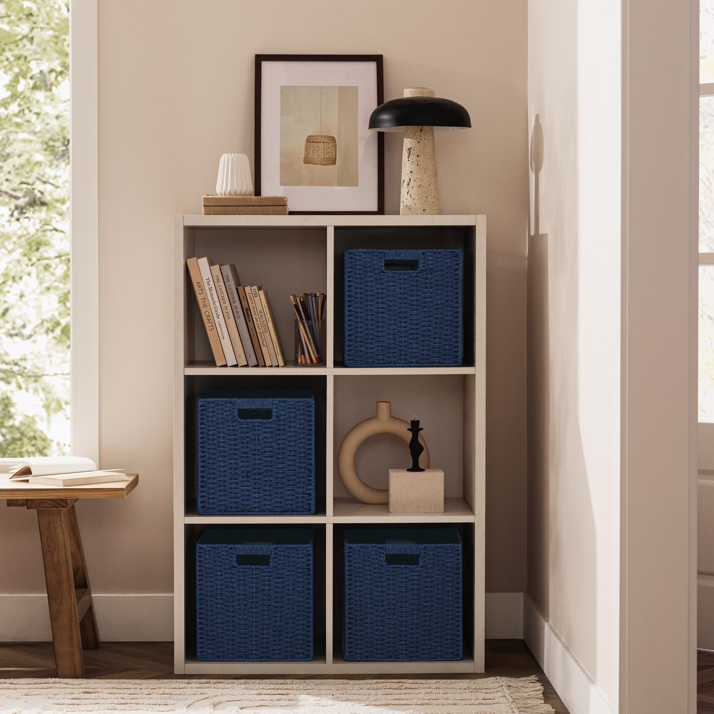 UBBCARE 3 Pack Wicker Basket, 11L×11H×10.5W inch Woven Paper Rope Storage Baskets for Shelves, Foldable Cube Storage bin with Handle, Storage Basket for Organizing & Decor, Navy Blue