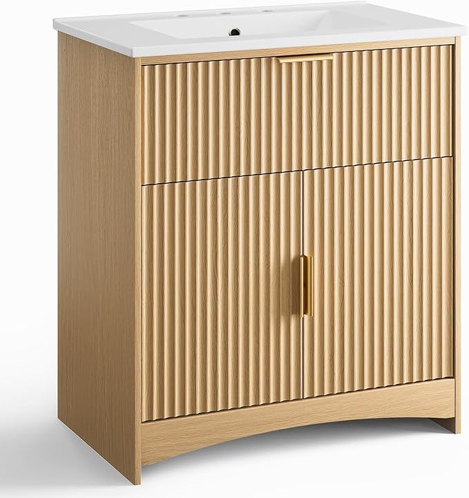 Amada 30'' Bathroom Vanity with Ceramic Sink, Modern Undermount Vanity Sink Cabinet with 2 Doors and 1 Drawer, Fluted Free Standing Bathroom Storage Cabinet with Sink Combo Set, Natural Oak