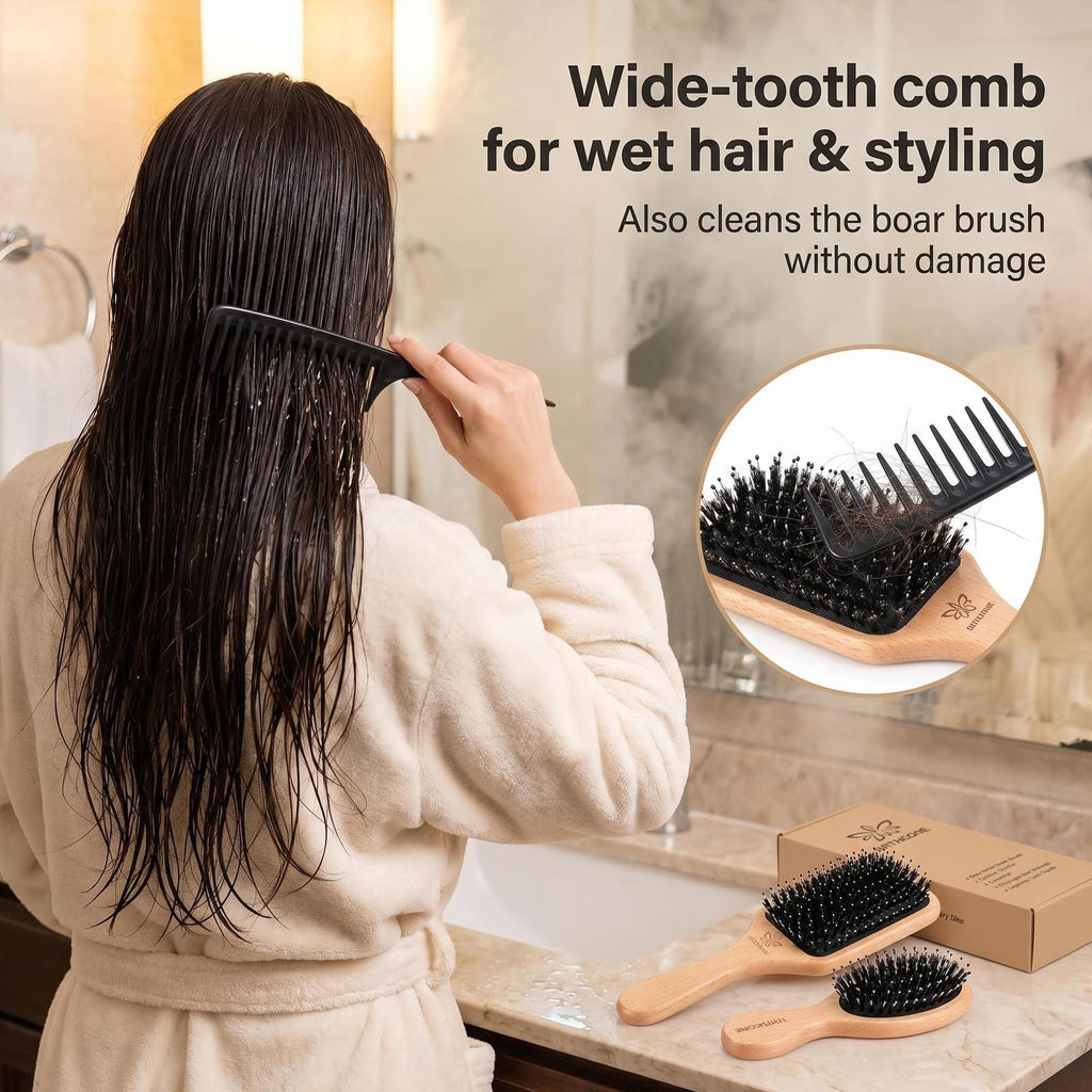 Boar Bristle Hair Brush and Comb Set for Women Men Kids, Best Natural Wooden Paddle Hairbrush and Small Travel Styling Brush for Wet or Dry Hair Detangling Smoothing Massaging