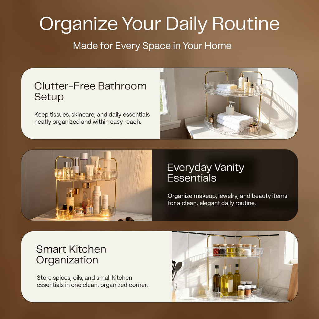 2-Tier Acrylic Corner Bathroom Organizer, 9" x 9" x 11" Large Round Countertop Shelf with Handle, Clear Acrylic Skincare & Makeup Storage Tray, Waterproof Vanity Organizer for Kitchen & Dresser