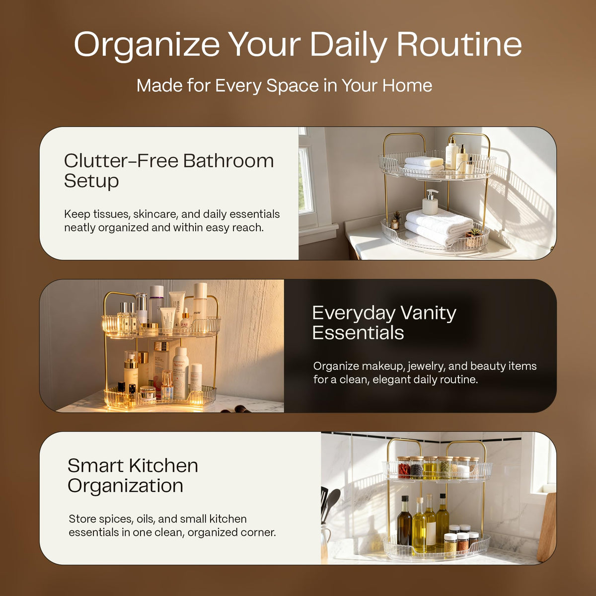 2-Tier Acrylic Corner Bathroom Organizer, 9" x 9" x 11" Large Round Countertop Shelf with Handle, Clear Acrylic Skincare & Makeup Storage Tray, Waterproof Vanity Organizer for Kitchen & Dresser