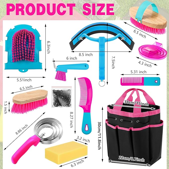 Abbylike 12 Pieces Horse Grooming Kit with Organizer Tote Bag Tack Room Supplies Horse Brush Sets Equine Care Cleaning Kit Shedding Grooming Massaging Tools(Rose Red)