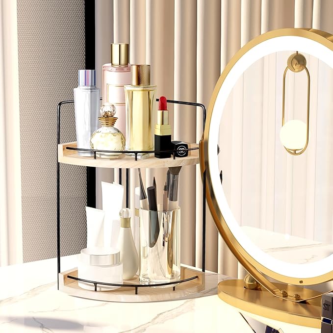 2 Tier Bathroom Counter Organizer, Bathroom Counter Tray and Vanity Organizer, Wood Corner Countertop Tray for Kitchen, Dresser (Rustic Wood)
