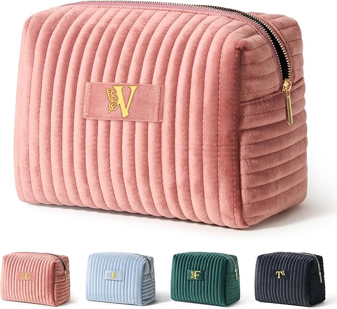 COSHAYSOO Birthday Gifts for Teens College Big Sister Girls Trip Gifts Favors Travel Makeup Bag Quilted Make Up Pouch Initial Velvet Cosmetic Case with Butterfly Decorations for Women Pink Letter V