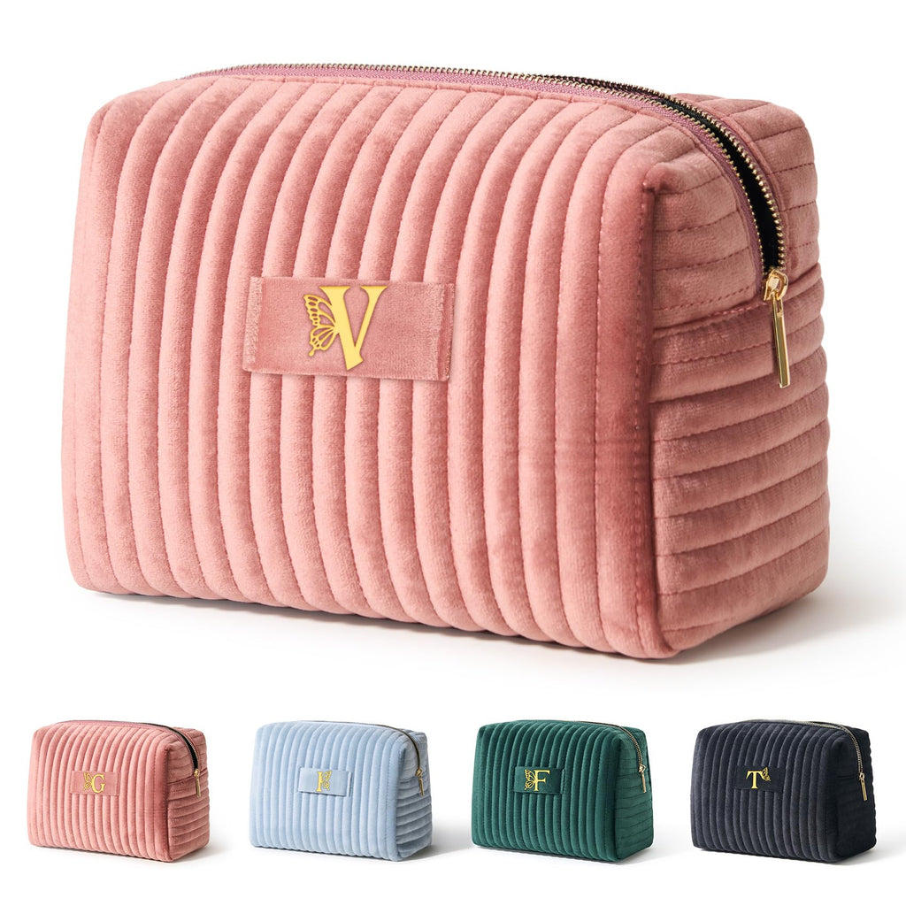 COSHAYSOO Birthday Gifts for Teens College Big Sister Girls Trip Gifts Favors Travel Makeup Bag Quilted Make Up Pouch Initial Velvet Cosmetic Case with Butterfly Decorations for Women Pink Letter V