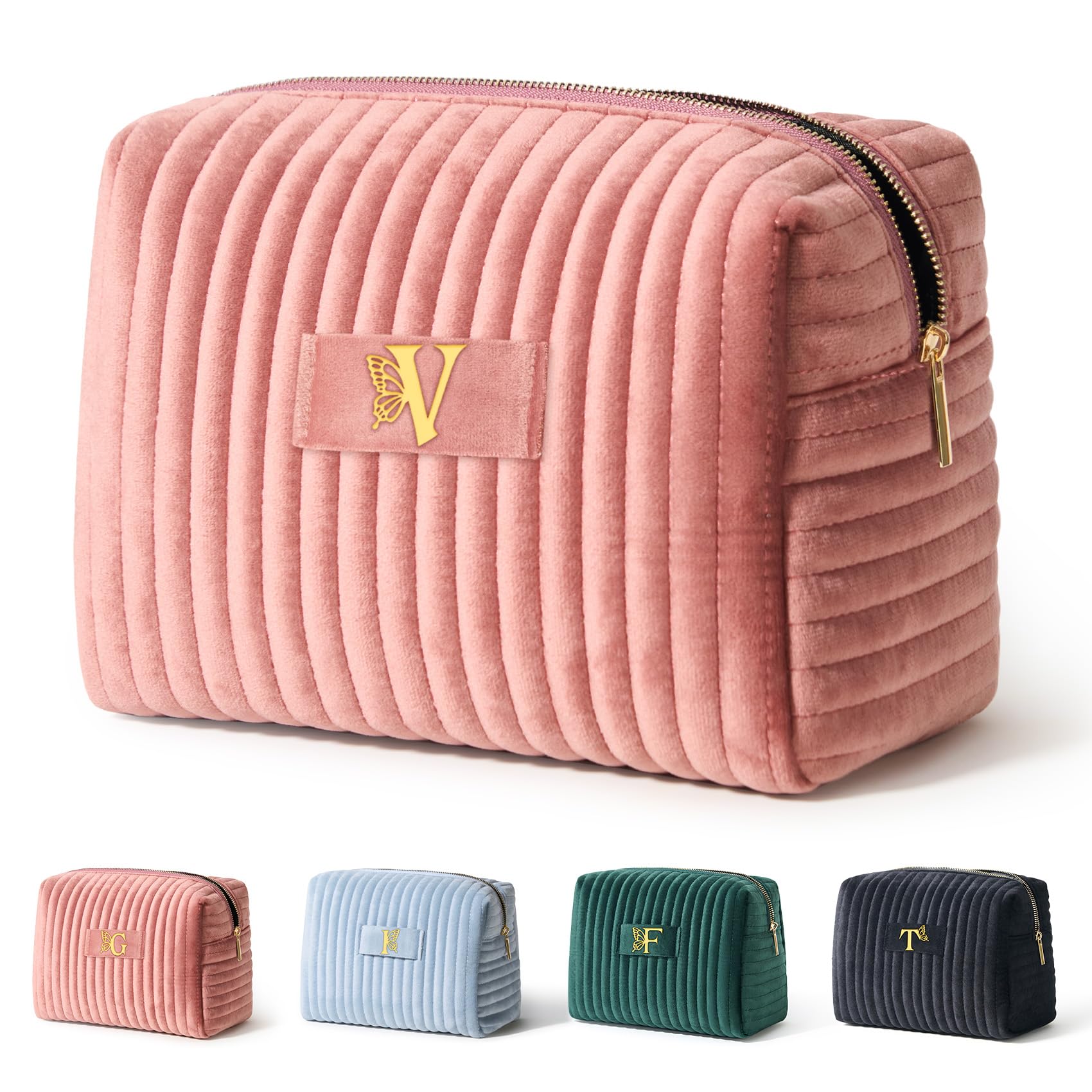 COSHAYSOO Birthday Gifts for Teens College Big Sister Girls Trip Gifts Favors Travel Makeup Bag Quilted Make Up Pouch Initial Velvet Cosmetic Case with Butterfly Decorations for Women Pink Letter V