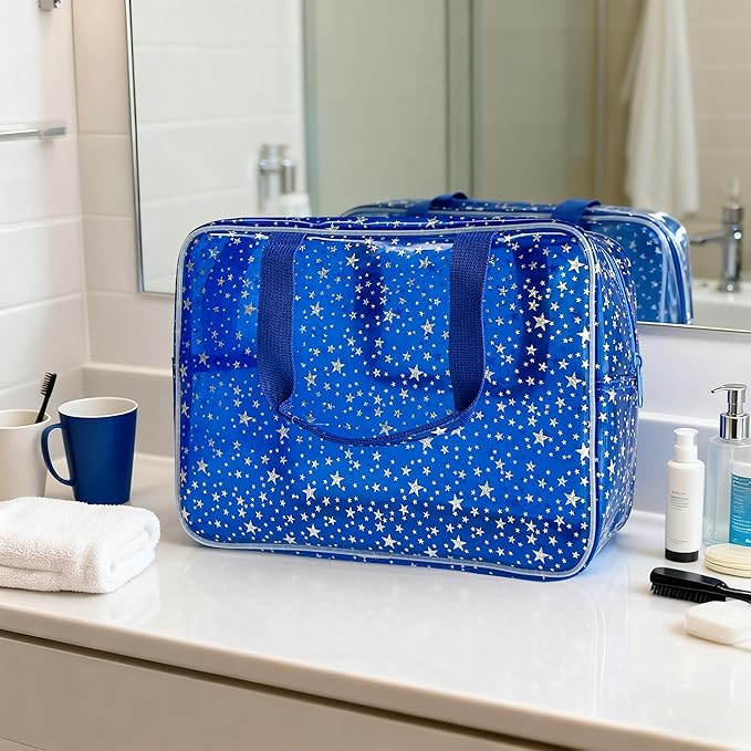 TotePrint Dark Blue Clear Star Large Cosmetic Bag and Travel Pouch with Handle,Durable Material,Zipper Design-Ideal for Makeup,Travel Essentials (Dark Blue)