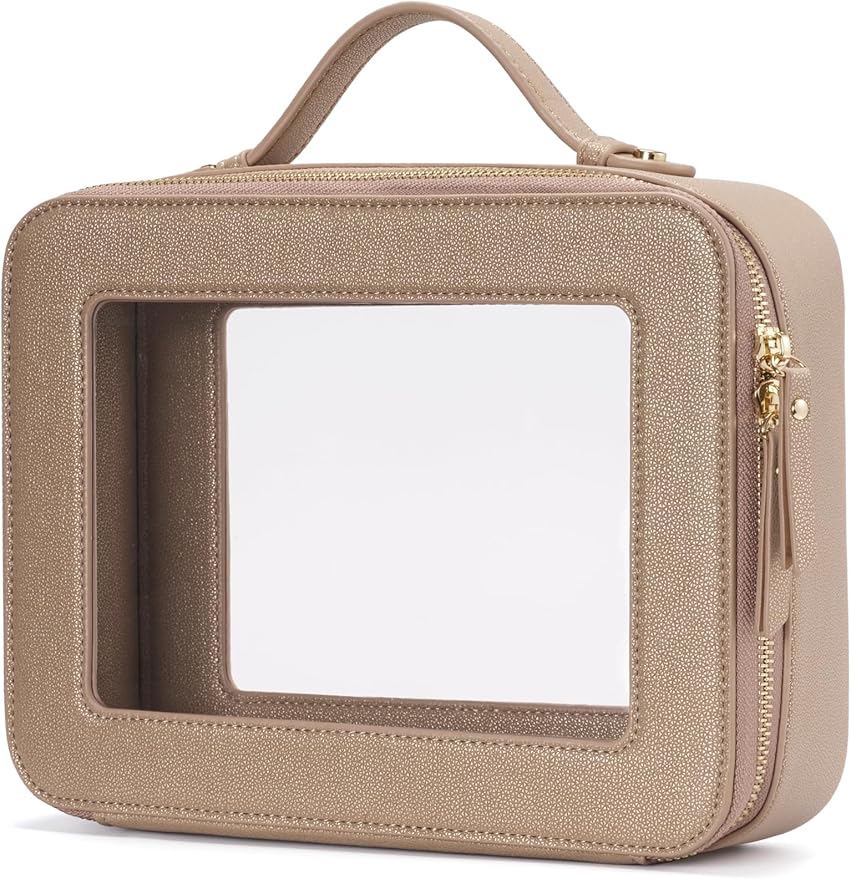 Popvibe Clear Makeup Bag Travel Cosmetic Case Transparent Toiletry Bag with Zipper, Portable Make Up Organizer Traveling Compact Car Bag for Essentials, Gold, Large