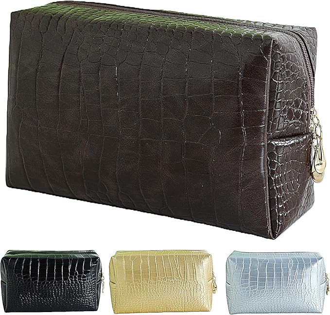 YUDEYG Makeup Bag for Purse, Compact Toiletry Pouch, Crocodile-Embossed Cosmetic Travel Bag, Small Makeup Pouch, Unisex Toiletry Travel Bag