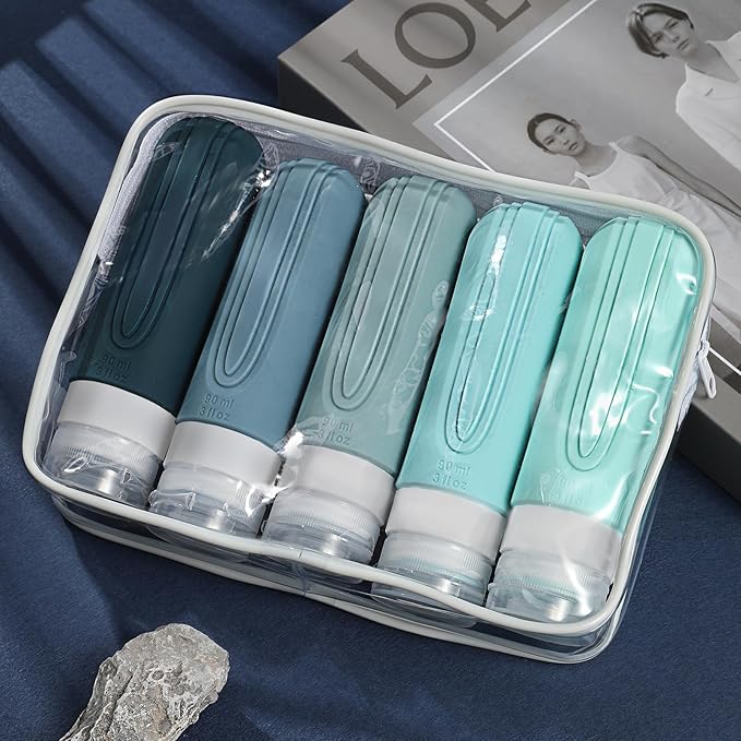 CHEODIN Travel Bottles for Toiletries, 5 Pack TSA Approved Travel Size Containers, 3oz Leak Proof Refillable Travel Accessories for Shampoo Conditioner, BPA Free Travel Bottles with Toiletry Bag