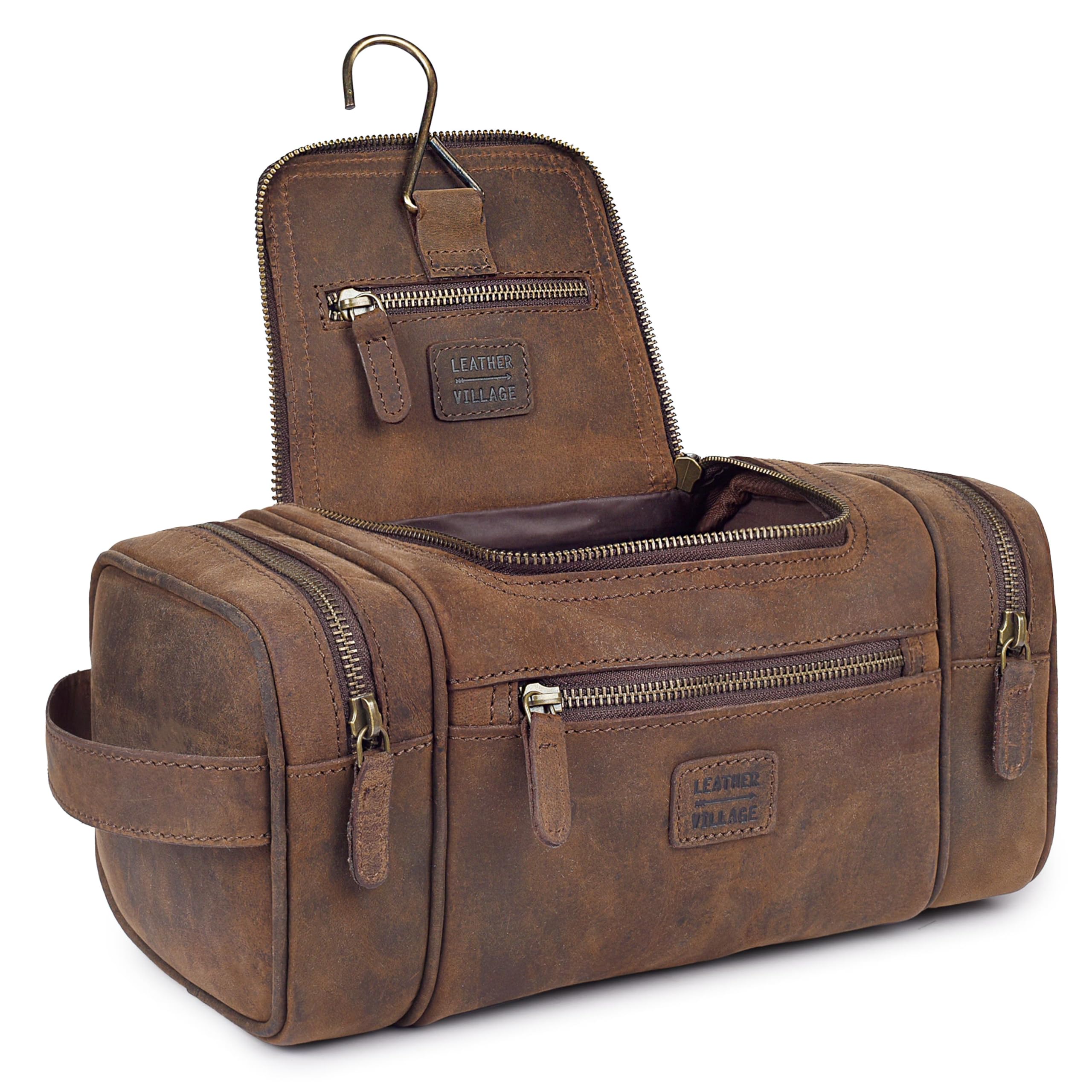 LEATHER VILLAGE Large Leather Toiletry Bag for Men, Hanging Travel Dopp Kit