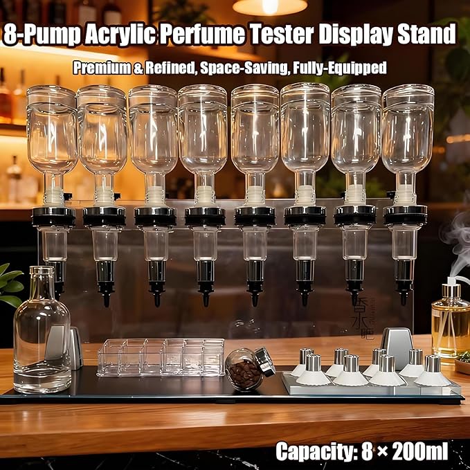 Hrxllb Professional Manual Perfume Dispenser, Liquid Filling Machine Transfer Tools,Manual Dispenser Set, Adjustable Pump Heads & Testing Cups for Shops & Lab & Bars(8 Heads)