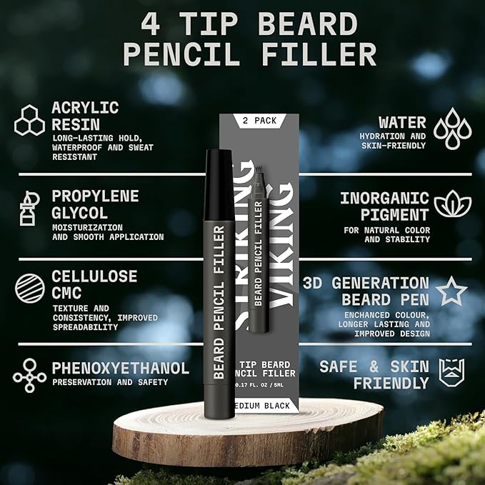 Striking Viking Beard Pencil & Bristle Brush for Men - Medium Black, 2 Pack