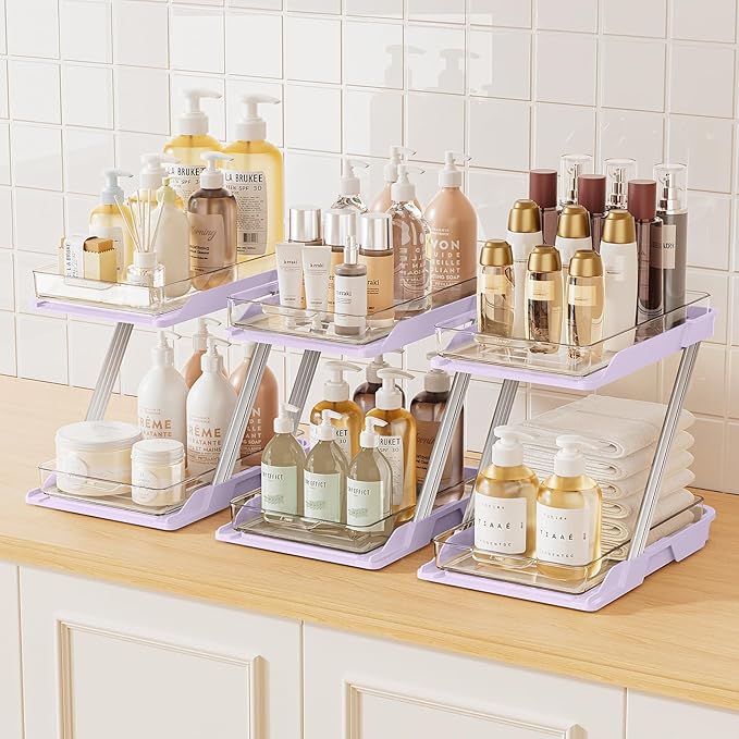 AUGBEAN 3 Pack Bathroom Organizers and Storage - Multi-Purpose,2-Tier Clear Pull Out Organization for Bathroom,Under Sink,Kitchen,Vanity,Countertop,Cabinet,Pantry & Medicine Cabinet,Pink