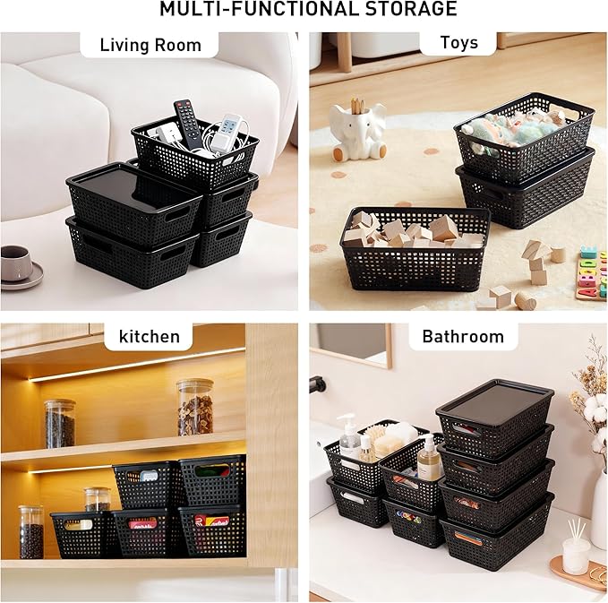 Anywish Plastic Storage Baskets With Lid, Storage Bins for Organizing, Stackable Decorative Containers for Shelves Drawers Desktop Closet Playroom Classroom Office, 8 Pack-Black