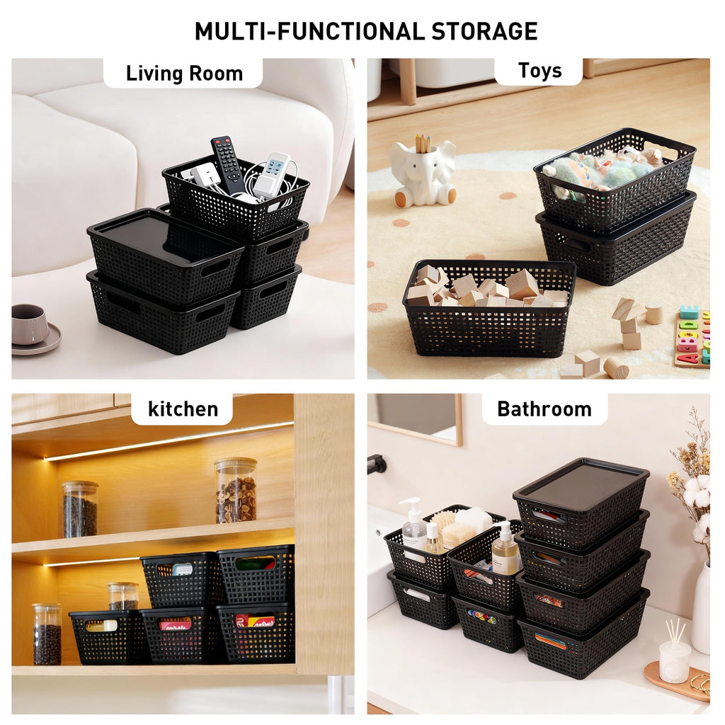 Anywish Plastic Storage Baskets With Lid, Storage Bins for Organizing, Stackable Decorative Containers for Shelves Drawers Desktop Closet Playroom Classroom Office, 8 Pack-Black