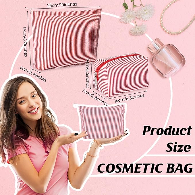 2 Pcs Makeup Bag Set Cute Cosmetic Pouch for Women Seersucker Travel Toiletry Bag Preppy Small Makeup Purse Pouch Aesthetic Skincare Brushes Storage Organizer for Valentine Women(Red)