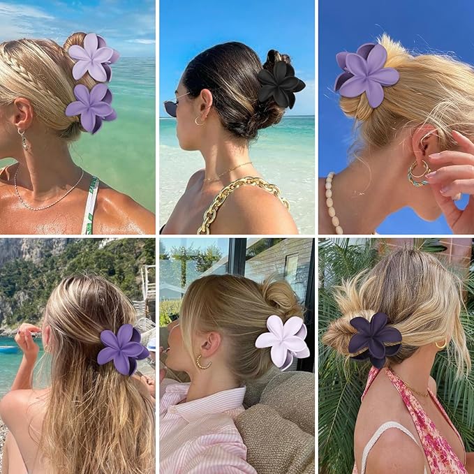 Sisiaipu Flower Hair Clips for Women 6 Pcs Hawaiian Large Claw Clips Plumeria Medium Hair Claw Clips for Thick Thin Hair Hibiscus Tropical Beach Hair Accessories for Women Girls and Girls (Purple)