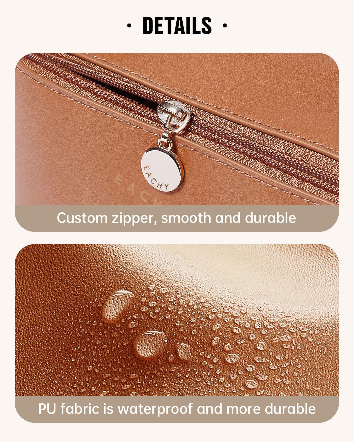 EACHY Travel Makeup Bag, Large Capacity Cosmetic Bags for Women, Waterproof Portable Open Flat Toiletry Bag Make up Bag with Divider and Handle, Gifts for Women (Brown, Large)