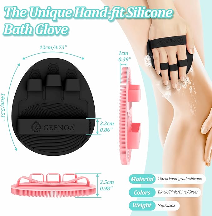 Silicone Bath Gloves 4PCS, 360° Anti-Slip & Enlarged Silicone Body Scrubber for Rich Foaming Deep Cleaning, Revolutionary No-Grip & Hand-fit Shower Scrubber for All Skin Types(Black/Pinkx2)