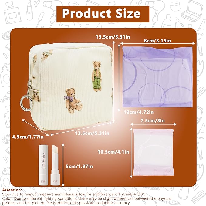 Period Bag for Girls, Corduroy Sanitary Napkin Storage Bag, Period Pouch & Tampon Holder, Feminine Care Organizer（Cute Bear）