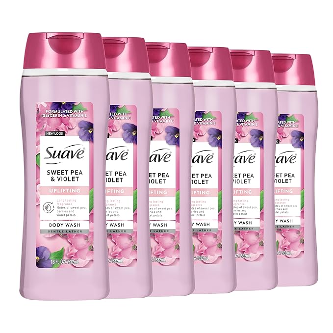 Suave Moisturizing Body Wash, with Sweet Pea Violet and Vitamin E Extract, No Parabens, No Phtahaltes, 18 Fl Oz (Pack of 6)