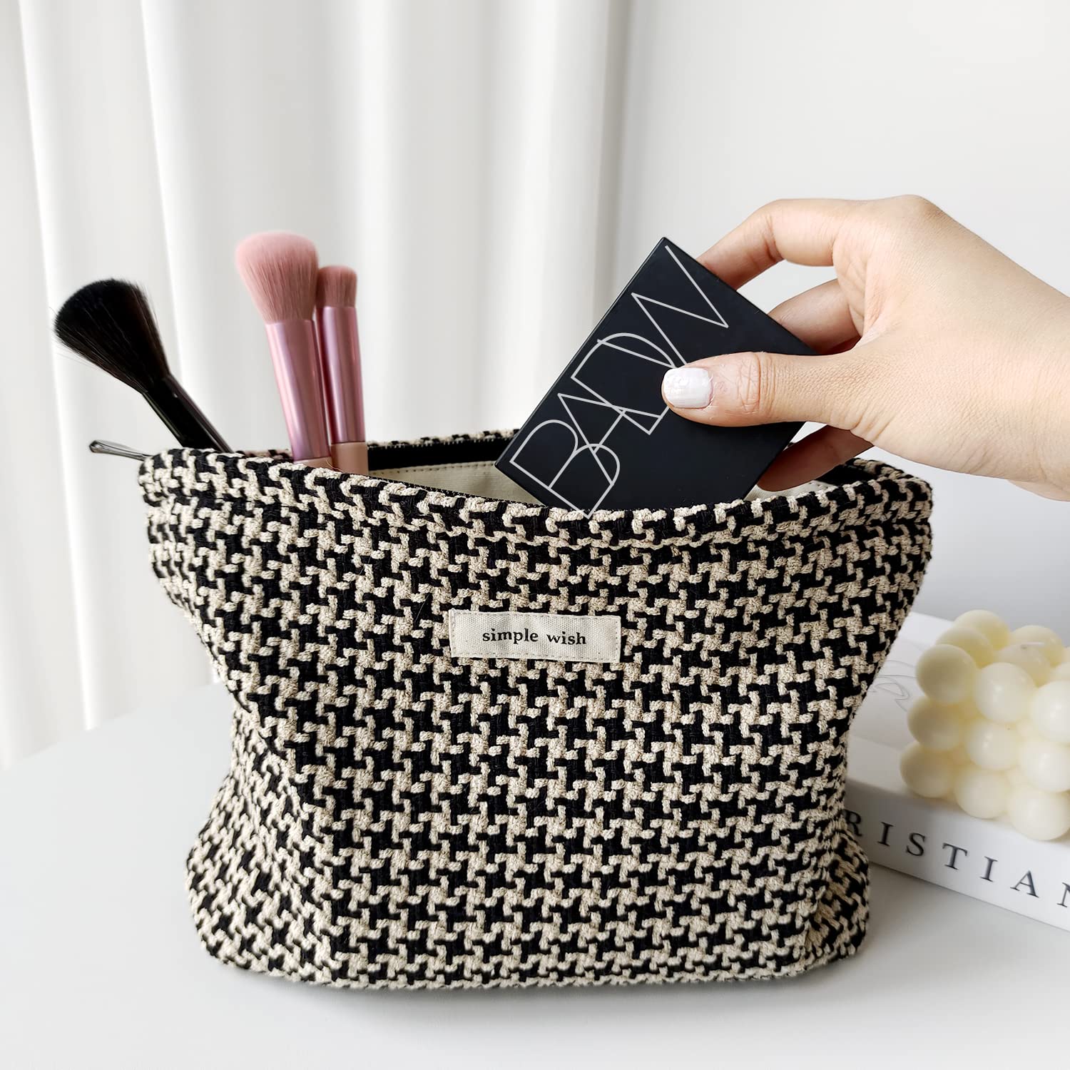 STARDW Parallel Checkered Makeup Bag Cute Cosmetic Bags for Women Girls, Travel Toiletry Bag Large Capacity Zipper Makeup Pouch, Purse Organizer Pouches(Checkered)