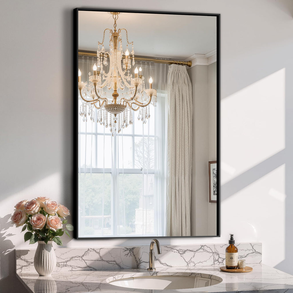 TRAHOME Bathroom Vanity Mirror for Wall, 36" x 24" Metal Framed Rectangular Bathroom Wall Mirror for Over Sink, HD Shatterproof Glass, Hangs Horizontally or Vertically(Black)
